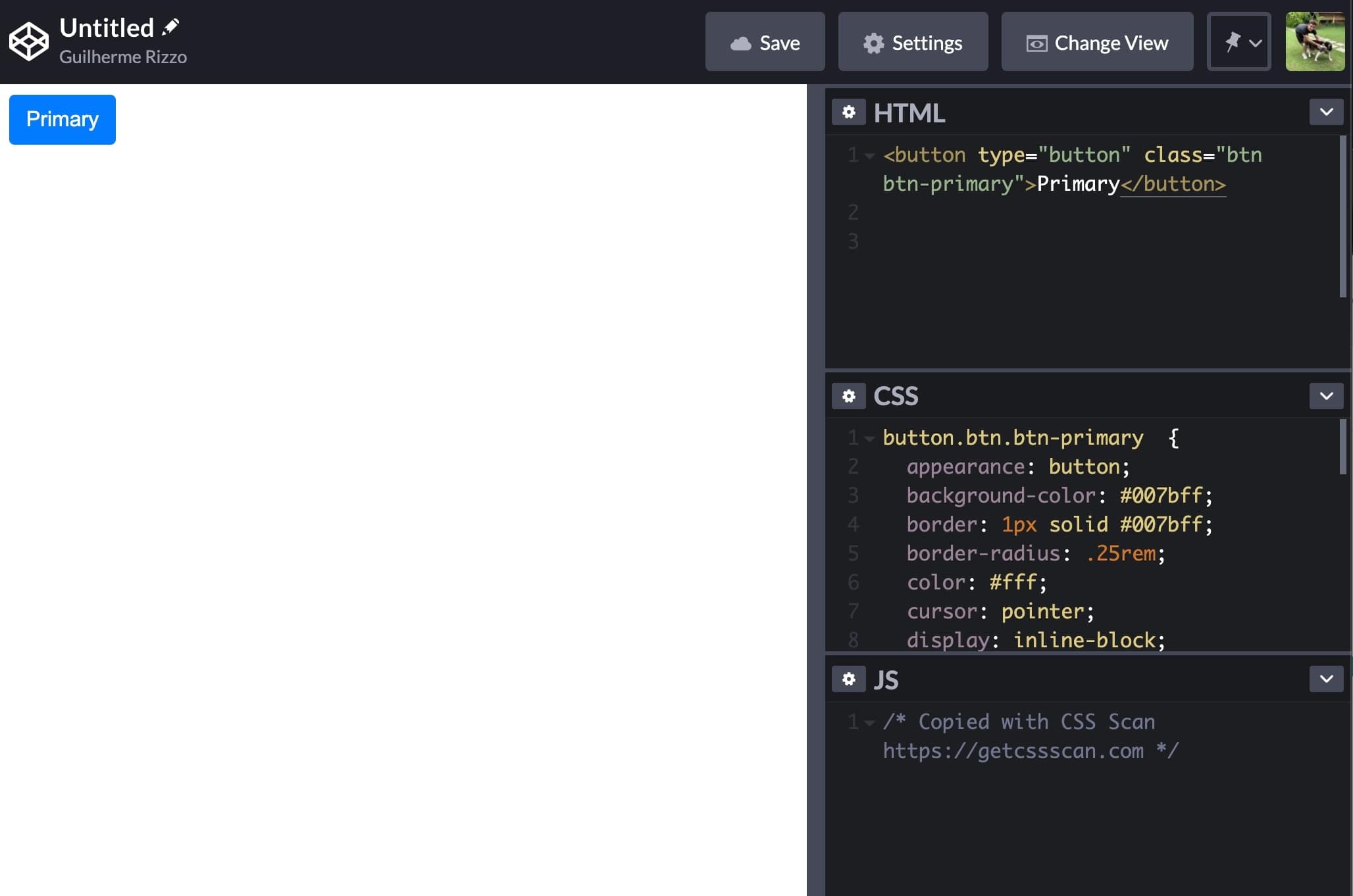 Bootstrap Button element exported to Codepen with CSS Scan