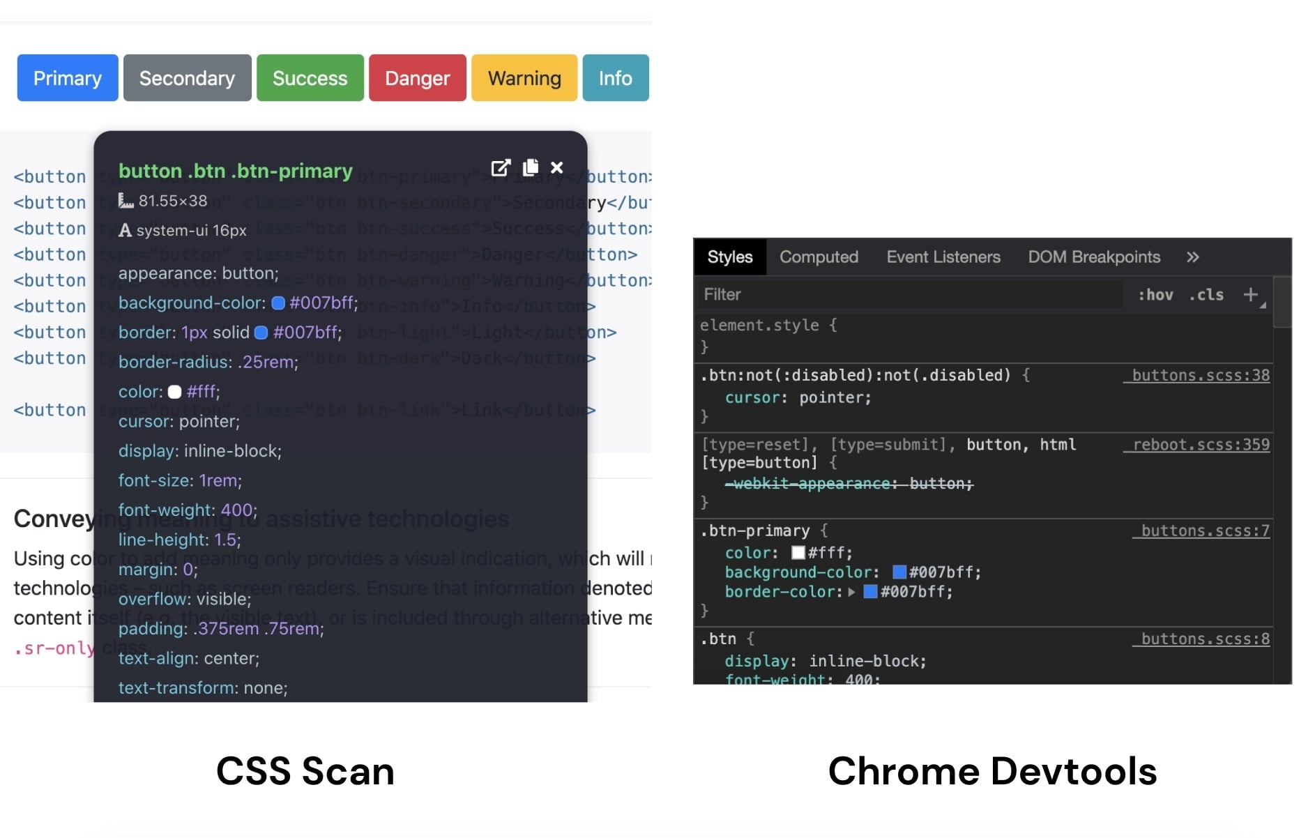 Side by side comparison - CSS Scan vs Chrome Devtools